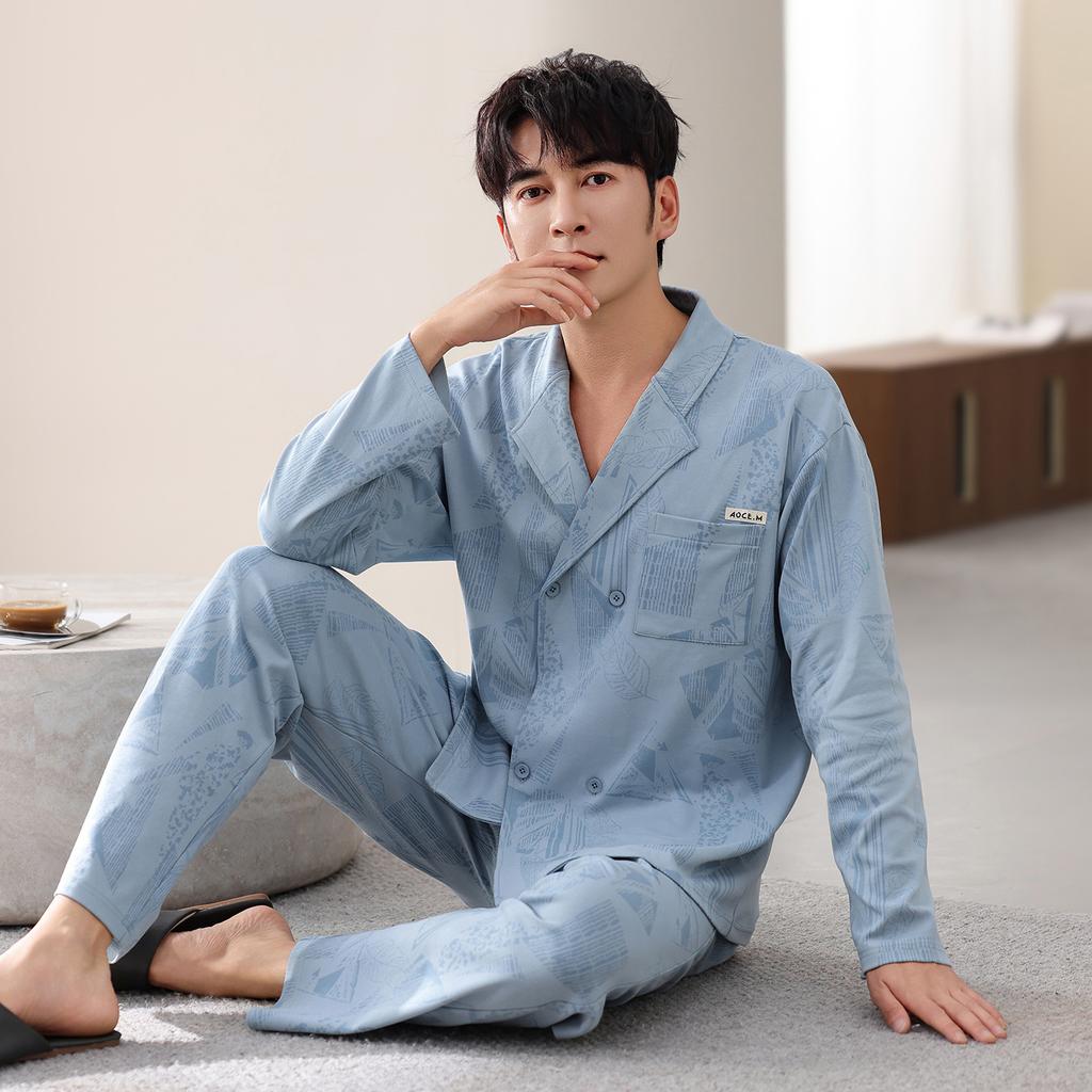 Pure Cotton Pajamas Men'S Spring And Autumn Long-Sleeved Trousers Cardigan Loose And Wearable Loungewear Suit