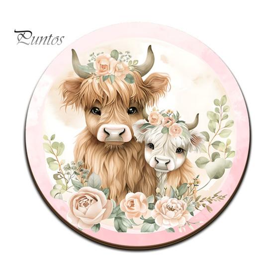 Healing Highland Calf Pattern Gifts Cow Cork Coasters, Cute Floral Farmhouse Drink Mats with Protective Furniture for Office Non-Slip Base,