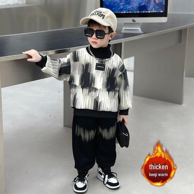 Boys' Tie-Dye Velvet-Lined Winter Sweatshirt & Sweatpants Set - 2023 Korean-Style Kids' Outfit
