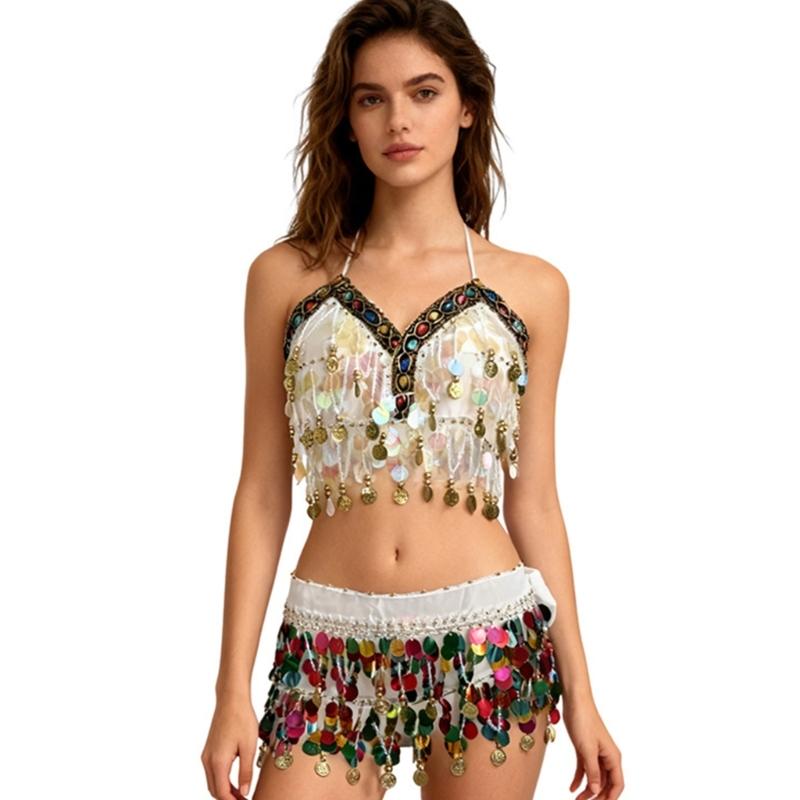Professional Belly Dance Costume Set Sequins Bra and Hip Scarf for Stage Performances ractical Polyester Fabric Outfit