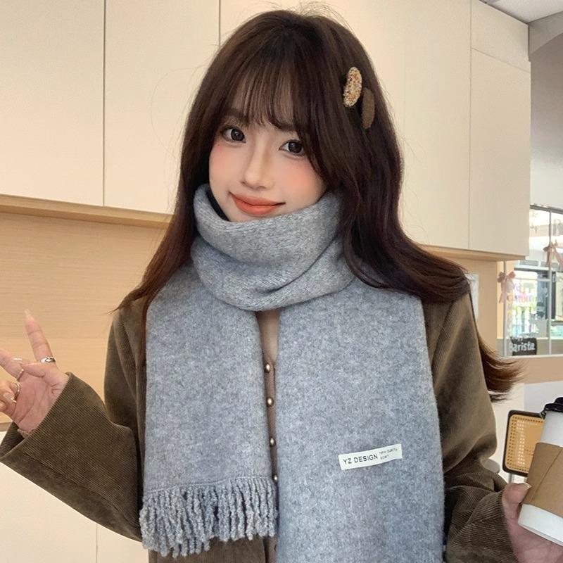 Winter new Korean version versatile solid color fringed edge dopamine long scarf winter warm and cold scarf