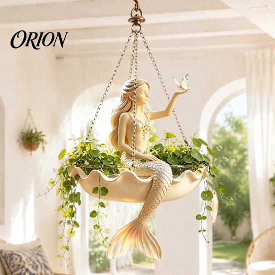 Small Herbaceous Plant Container Ballet Dancer & Mermaid Hanging Planter, Resin Shell-Shaped Flower Pot with Metal Chains, Lightweight Basket