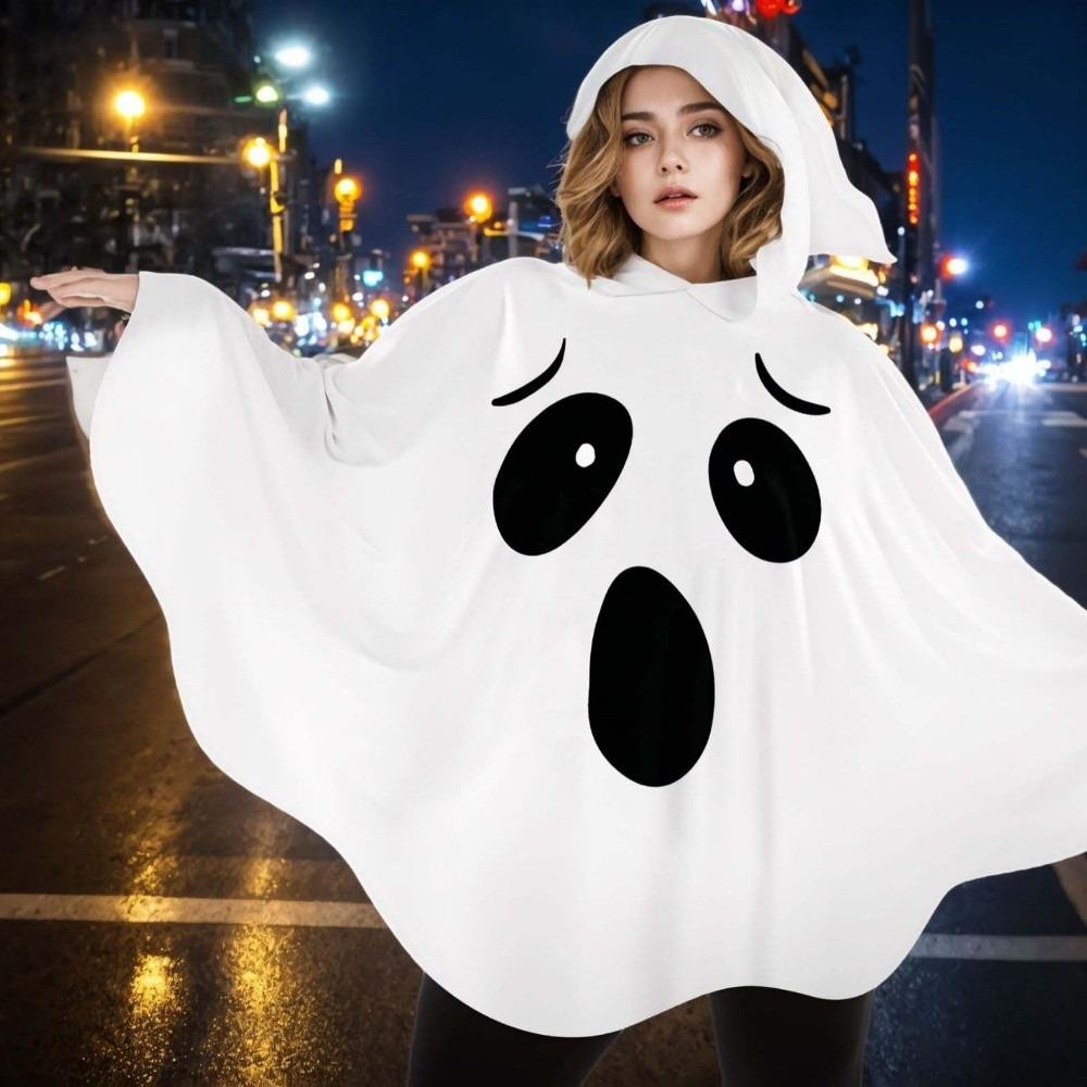 White Halloween Cloak Cape Black Eye Ghost Cosplay Costume Creative Design Pumpkin Cloak  Women