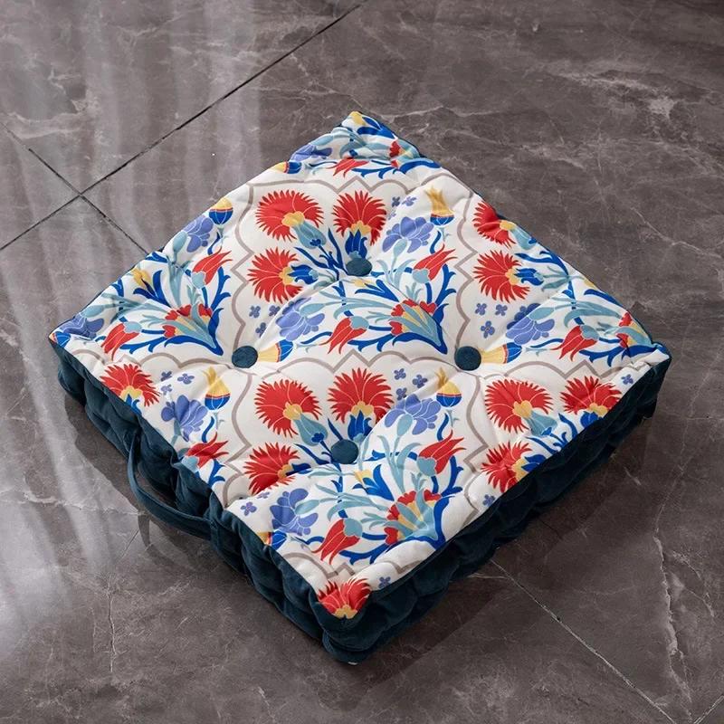 Retro Thicken Square Chair Cushion Soft Dutch Velvet Printed Butt Pad Portable with Handle Outdoor Garden Seat Cushions 40x40cm