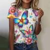Fashion Women's Crew Neck Short Sleeve 3D Flower Color Print Crew Neck T-shirt