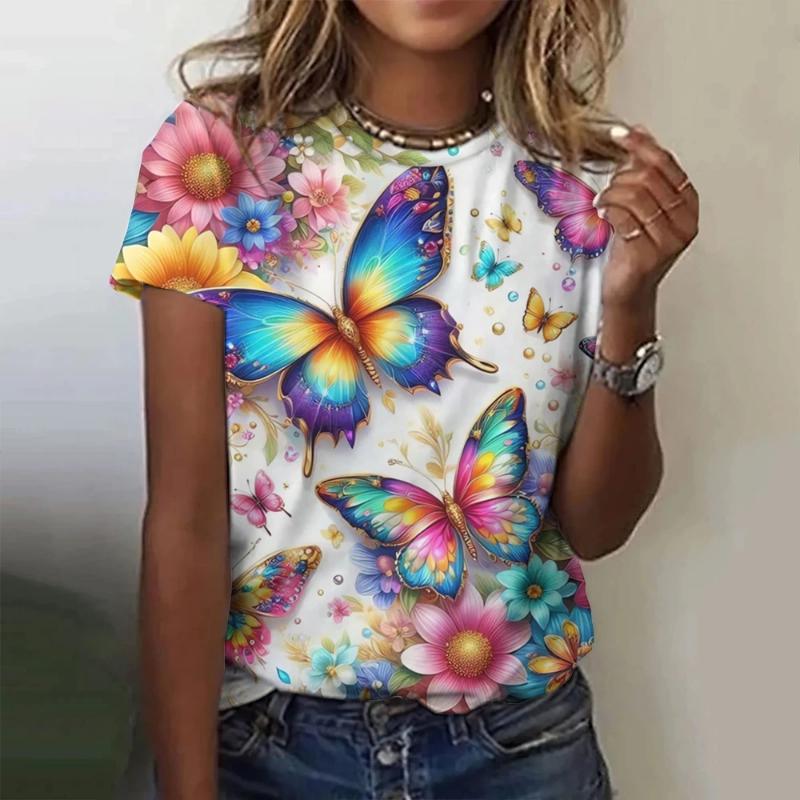 Fashion Women's Crew Neck Short Sleeve 3D Flower Color Print Crew Neck T-shirt