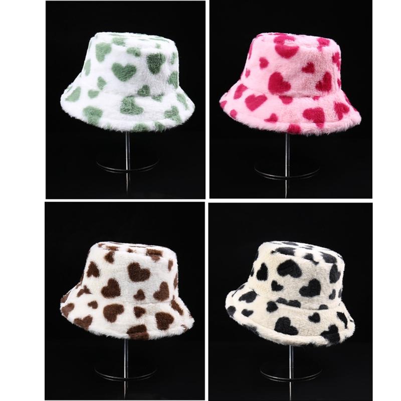 Warm Plush Bucket Caps with Heart Pattern Fashion Winter Autumn Casual Wear Fisherman Hat for Women Girl Outdoor Activity