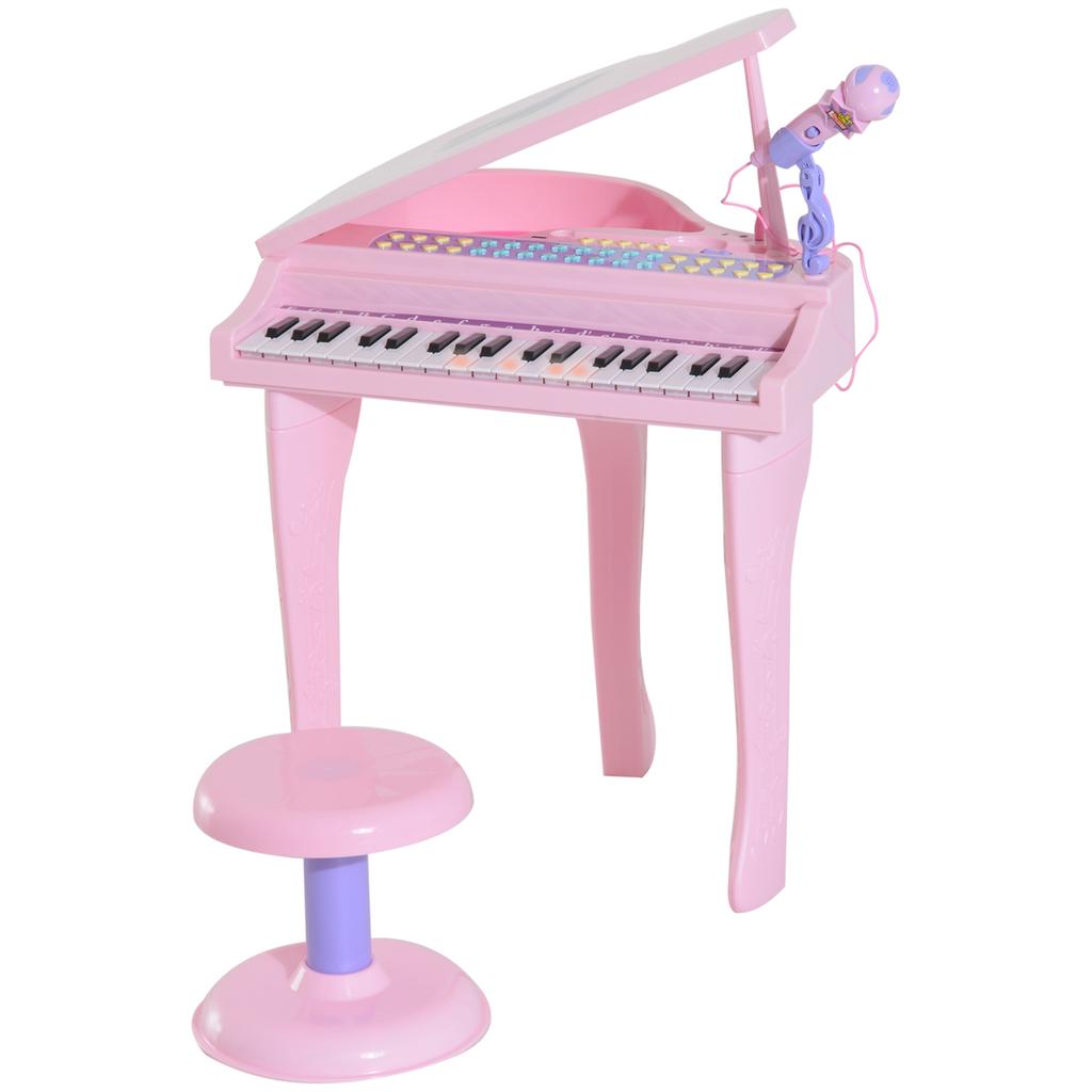 Tastiera per Bambini con 37 Tasti, Pianoforte con Sgabello e Microfono, Modalità di Apprendimento LED, Registrazione, Strumento Musicale Pianoforte per Bambini di 3-6 Anni Rosa