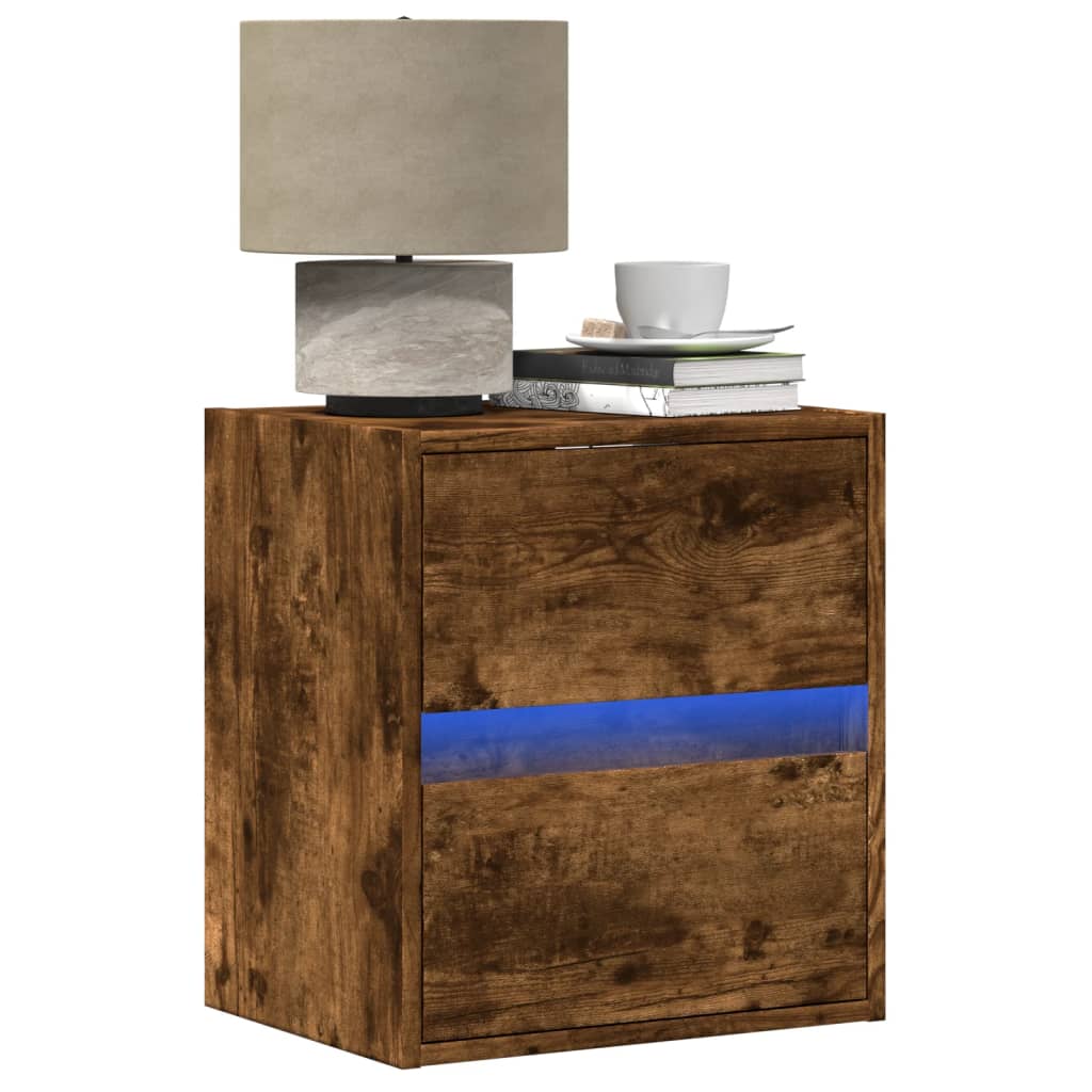Wall Mounted Nightstand with LED Lights Smoked Oak