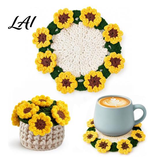 Botanical Room Decoration Crochet Flower Bouquet Coaster Handmade Knit Rose Mug Mat Transforms Into Bouquet 2-in-1 Decorative Plant Pot Display