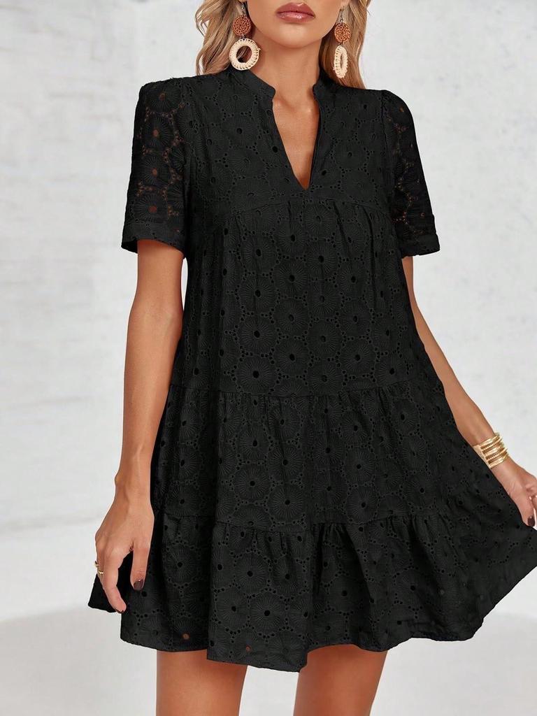 Women's Eyelet Lace Babydoll Dress Short Sleeve V Neck Flowy Summer Tunic Dress