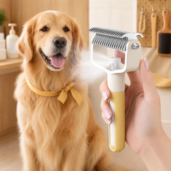 Dual-Sided Pet Grooming Comb for Dogs Cats, 2?in?1 Pet Deshedding Brush with Spray, Undercoat Rake Dematting Comb Tool for Long Haired Pet