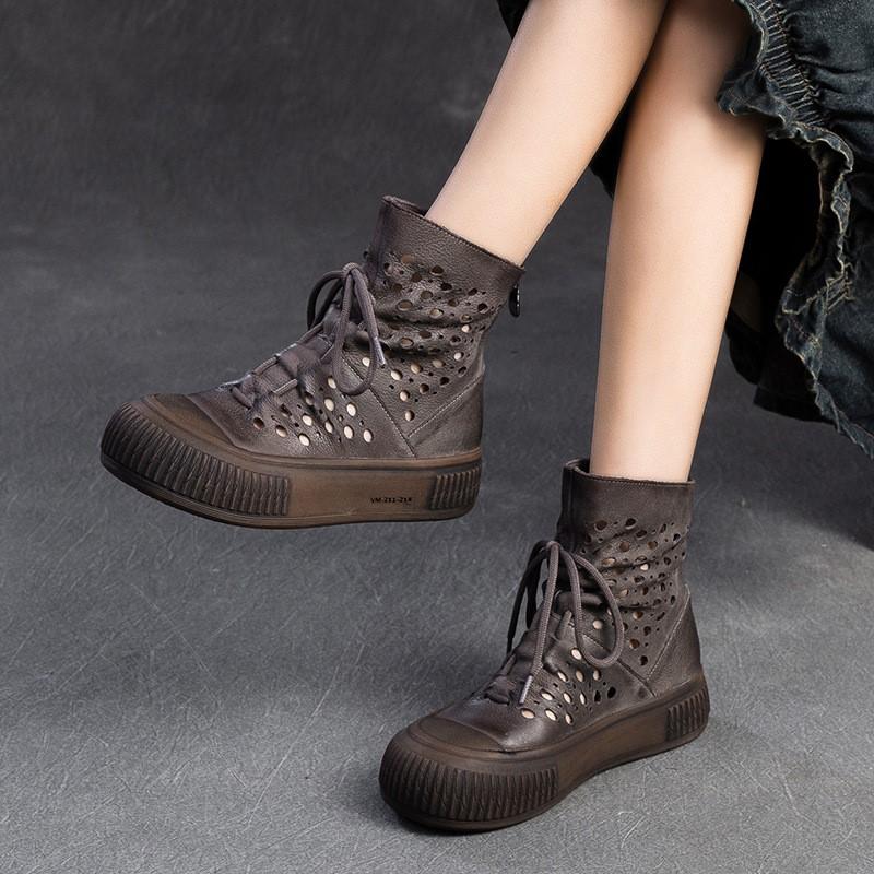 Fashion GKTINOO Summer New Women's Hollow Out Ankle Boots Genuine Leather Shoes Woman Low Square Heel Boots Ladies Zip Breathable Shoes