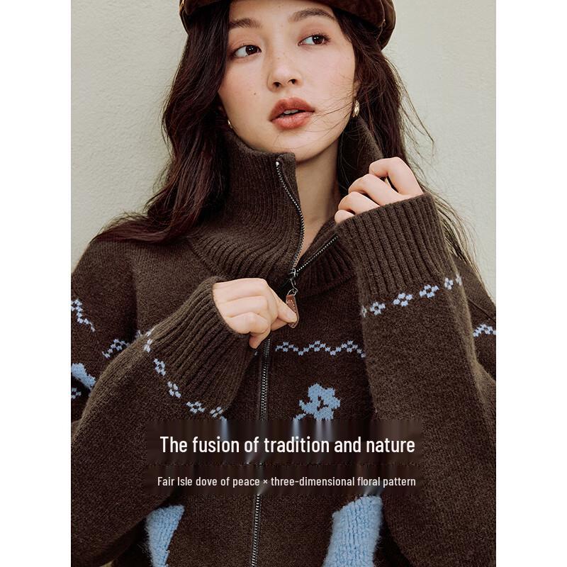 INMAN Women's Jacquard Turn-down Collar Knit Cardigan