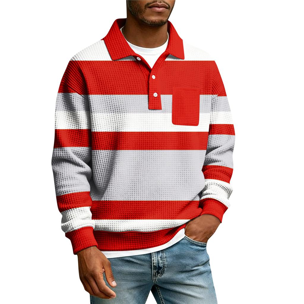 Men's Striped Single Breasted Long Sleeved Shirt With Collar And Pockets  Casual Sports T,shirt