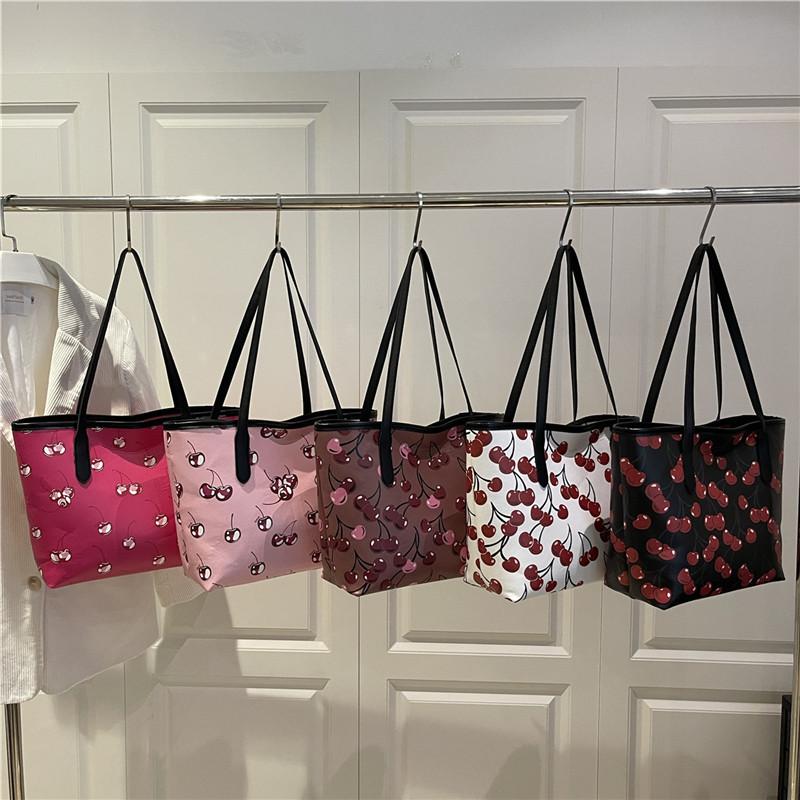 Cherry Print Large Capacity Tote Bag Faux Leather Shoulder Handbag Trendy Street Style Commuter Purse for Women