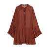 Popular spring new French retro loose horn sleeve lace-up collar ruffle edge dress