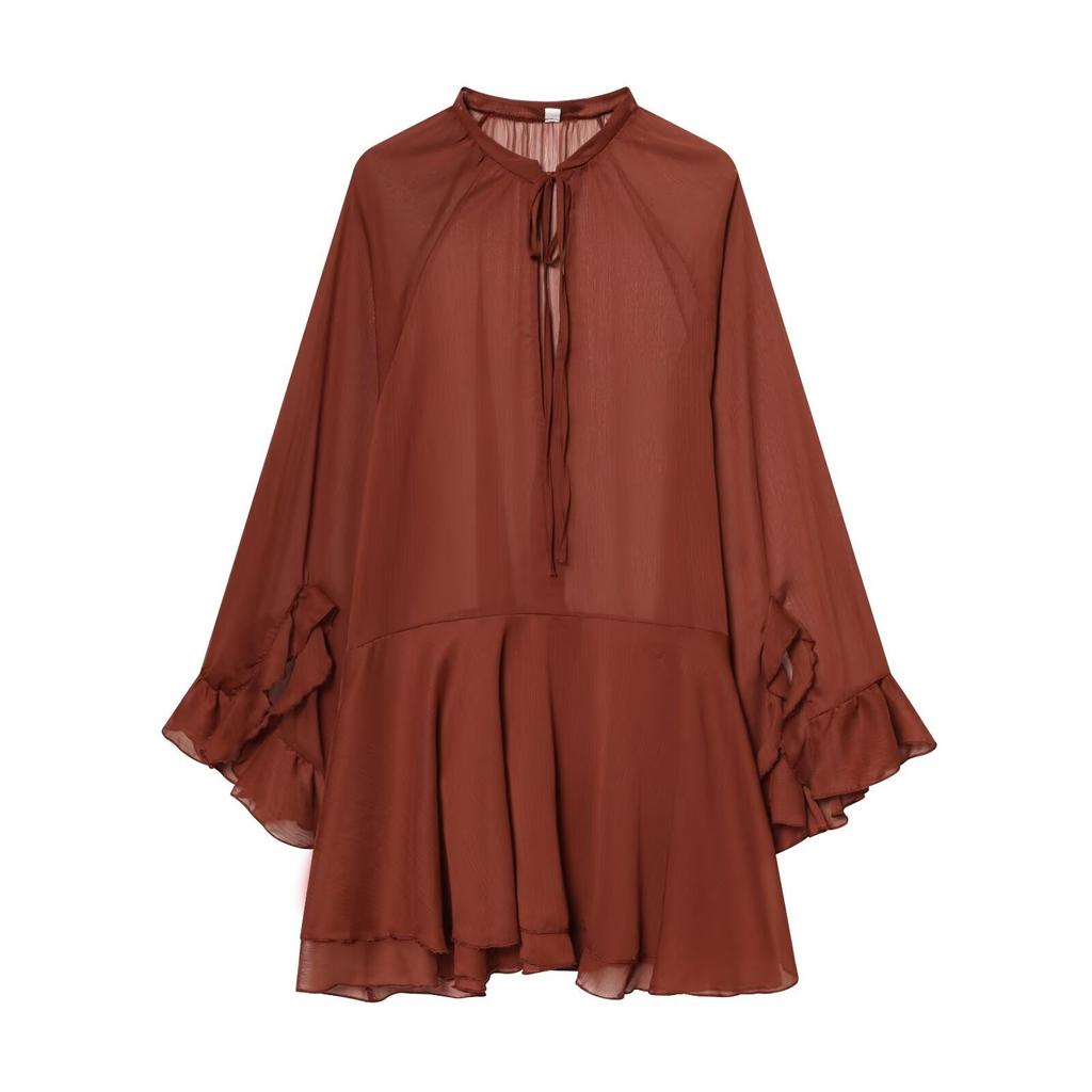 Popular spring new French retro loose horn sleeve lace-up collar ruffle edge dress