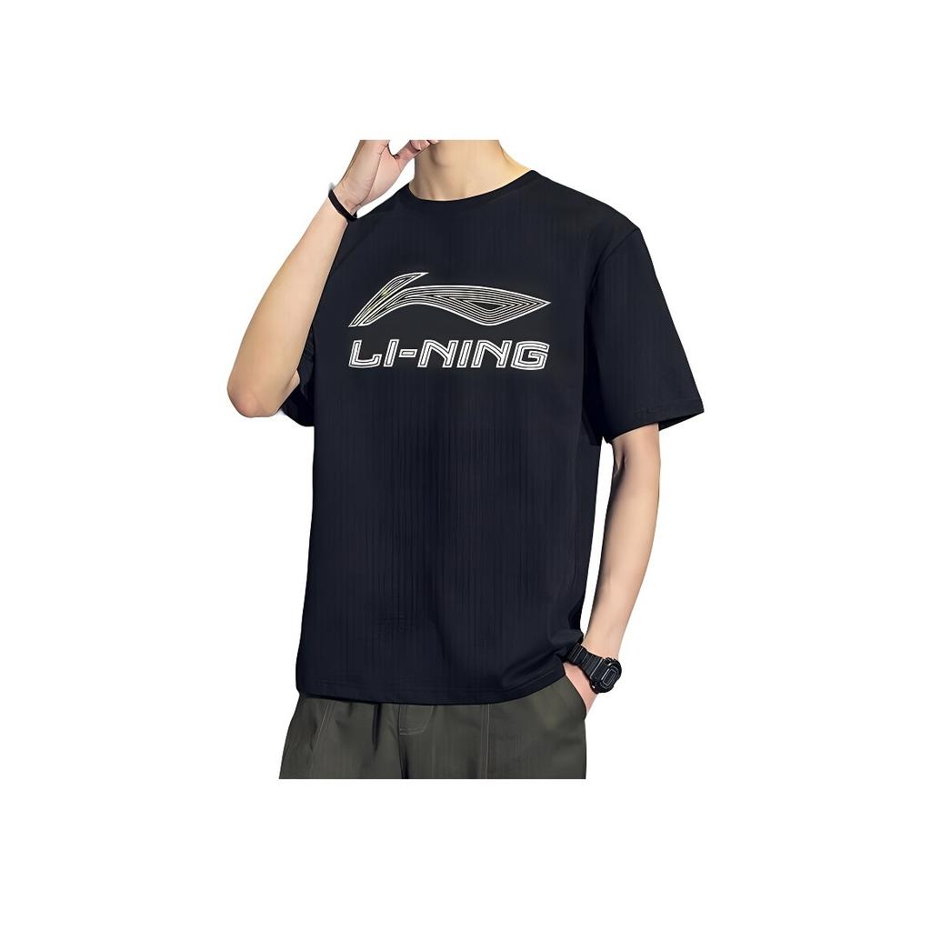 Li Ning Letter Logo Printed Quick-Dry Short Sleeve T-Shirt Unisex Tops Black YTST049-2