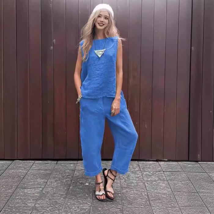 2024 Spring/Summer Cotton Linen Casual Two-Piece Set: Sleeveless Top & Loose Long Pants for Women
