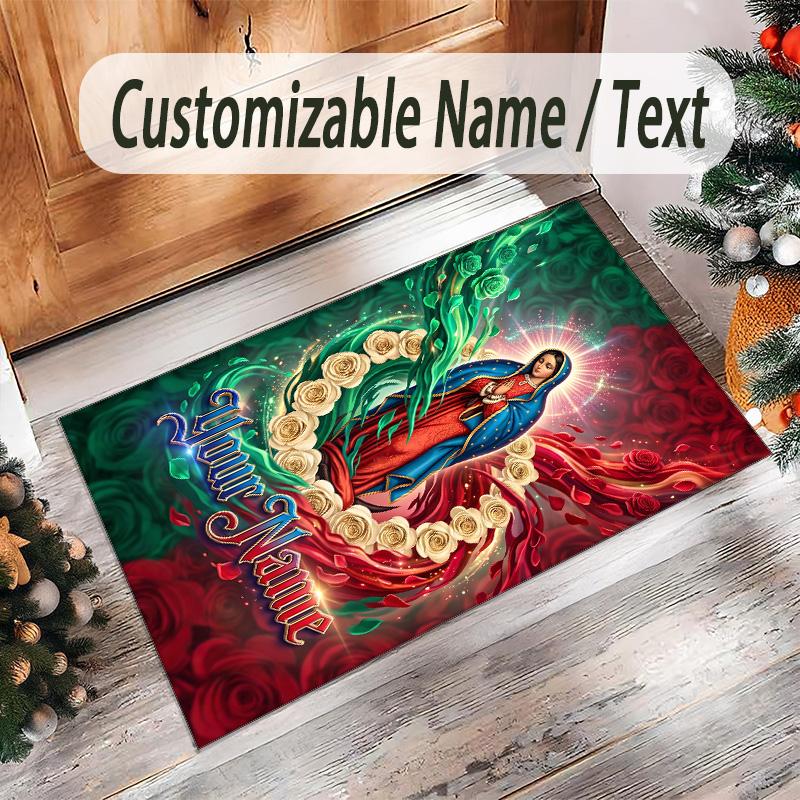 Virgin Mary Theme Crystal Velvet Rug Personalized Custom Name Text Soft Floor Mat Home Decor