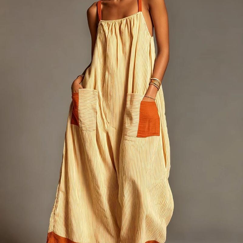Europäischer Stil Gestreiftes High-End Spaghettiträger Maxikleid Sommer Elegant Urlaub Damenbekleidung