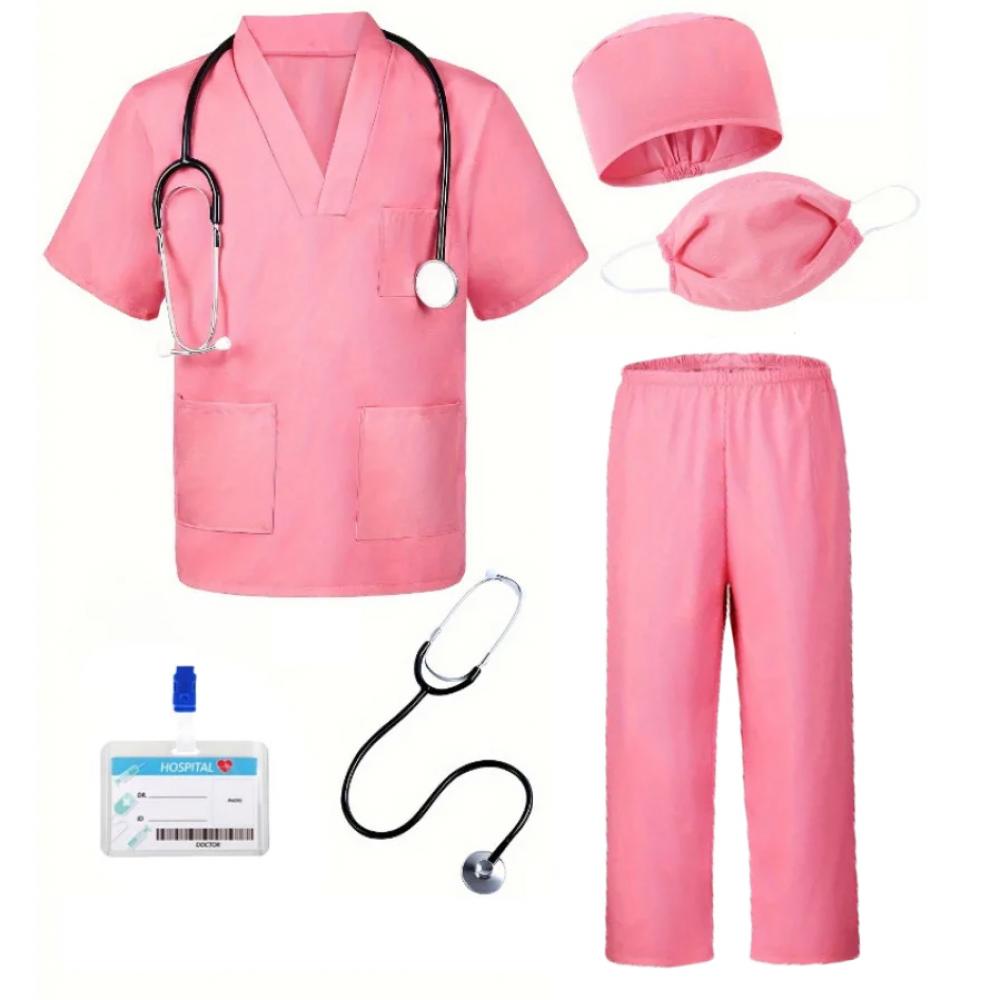 6pcs Doctor Cosplay Costume Nurse Uniform Surgical Short Sleeve Top Pant Hat Mask Stethoscope Mardi Gras Halloween Role Play Set
