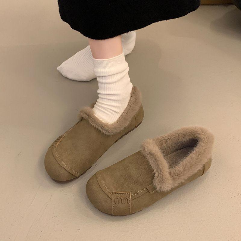 Fleece One-pedal Non-slip and Warm Doudou Cotton Shoes Retro Casual Soft-soled Fluffy Shoes Women's 2025 Autumn and Winter New Models