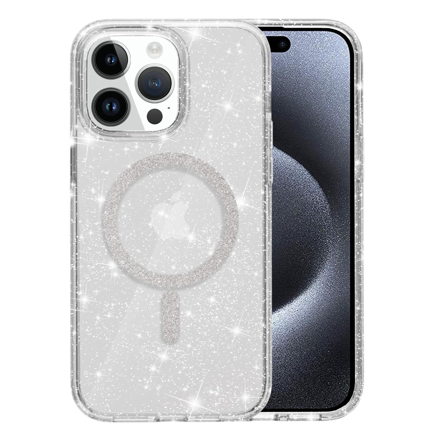 

For iPhone 15 Pro Max Phone Case Compatible with MagSafe Glitter PC+TPU Hybrid Shockproof Cover White