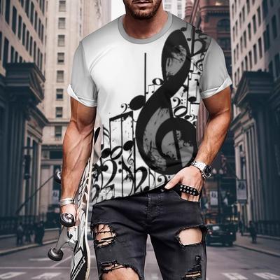 3D Digital T-shirt Musical Note Print Short Sleeved Men's Round Neck Fashionable Comfortable Breathable Casual Summer T-shirt