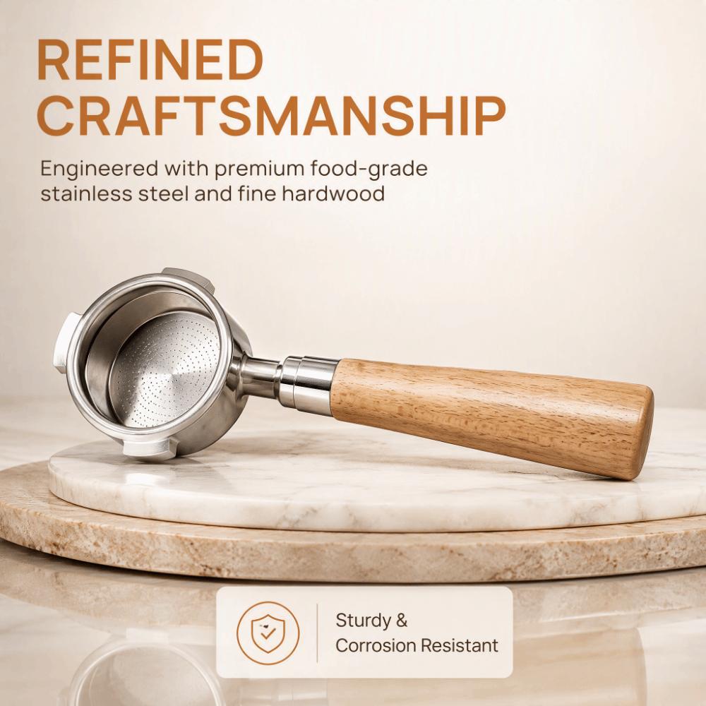 304 Stainless Steel and Wood Bottomless Espresso Portafilter for DeLonghi Espresso Brewing