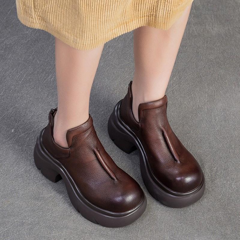 Johnature Retro Genuine Leather High Heels Pumps Commuting Comfort And Versatile Women's Platform Shoes