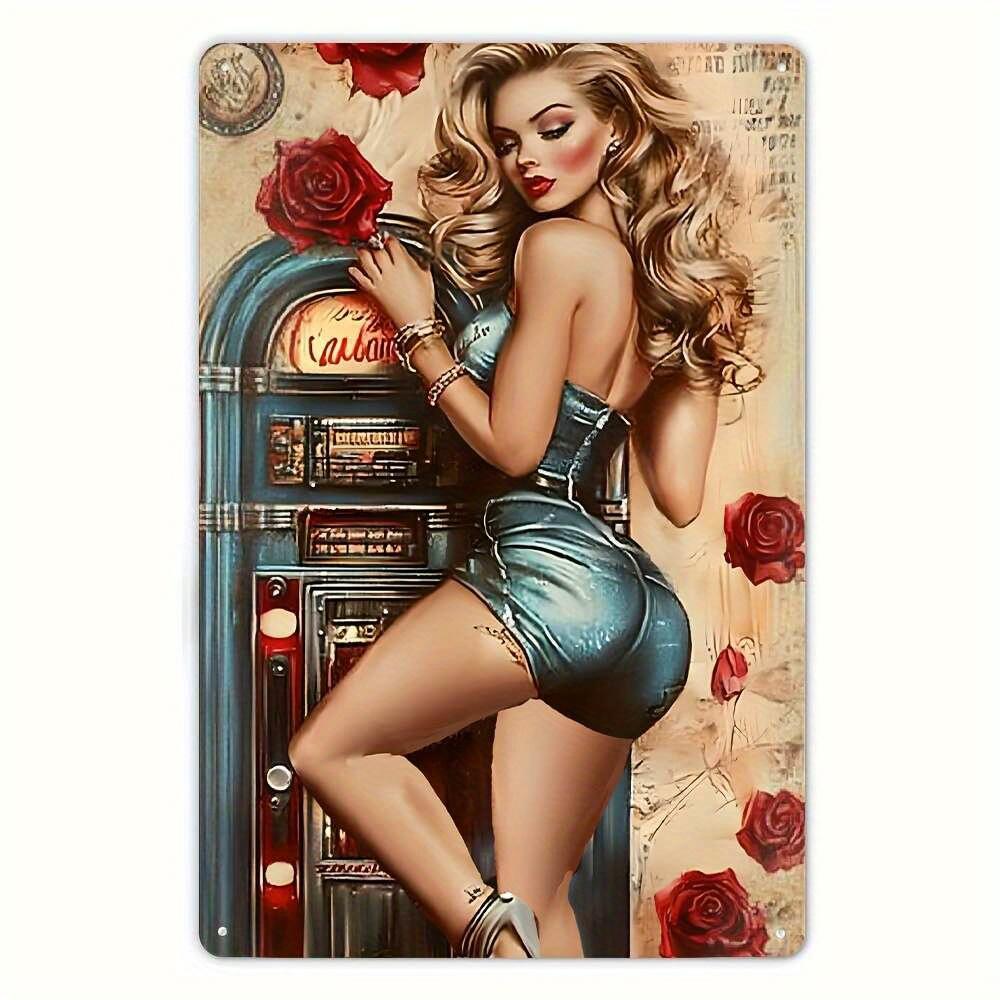 

YNLLOOFD Vintage Metal Tin Sign Wall Art Retro Jukebox Pinup Lady with Roses FadeResistant Iron SingleSided Print for I aluminum 20x30cm