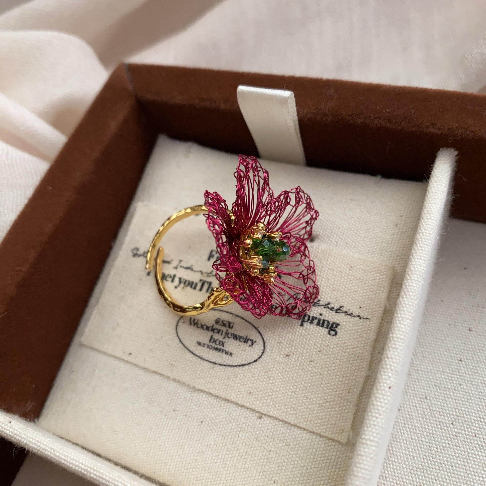 Romantic Flower Ring Round Ring Adjustable Size Princess Court Wind Ring Niche Ring Dot Diamond Jewelry