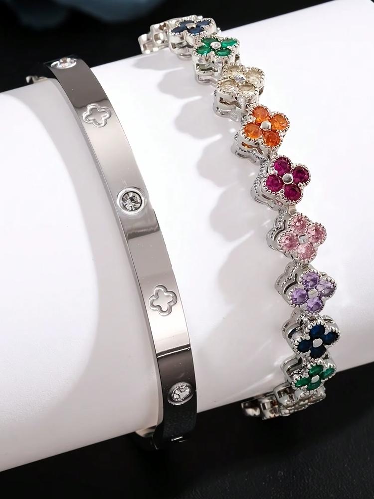 ZAKOL 2 Pcs Brilliant Zirconia Four-leaf Flower Bracelet Bangle Set for Women Exquisite Stainless Steel Daily Bracelets