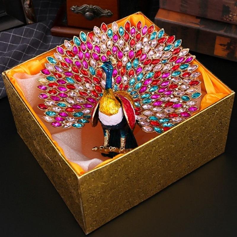 Peacock Shape Jewelry Storage Box Multicolor Inlaid Gem Organizer Exquisite Enameled Alloy Storage Jar Earrings Ring Unique Gift