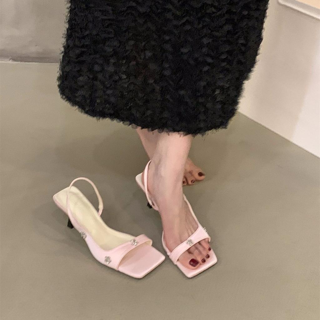 Niche Black High Heels with Sandals Fairy Shoes Temperament Rhinestone with Skirt Shoes