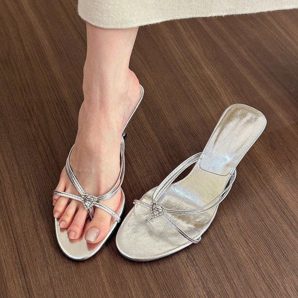 

French cold feeling! Silver toe high heel sandals women s summer round head stiletto shoes children 35