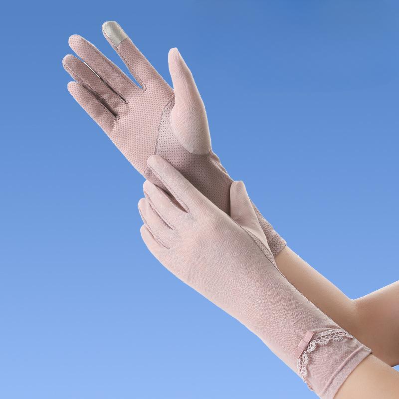 Long Ice Silk Sunscreen Gloves for Women's Light and Breathable UV Rays Outdoor Driving Anti Slip Touch Screen Lace Gloves