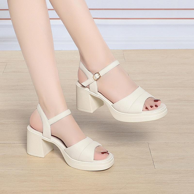 7cm All Match Comfortable Thick Bottom Platform Shoes Soft Leather Sandals 2025 Summer Med Block Heels Sandals Office Mom Work