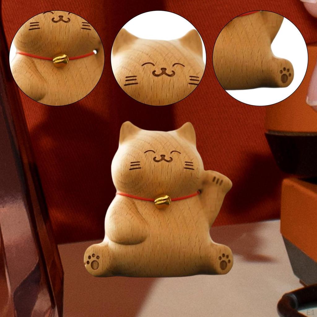 Carved Wooden Cat Statue Animal Figure Desk Carving Ornament Miniature Kitten Figurine for Companies