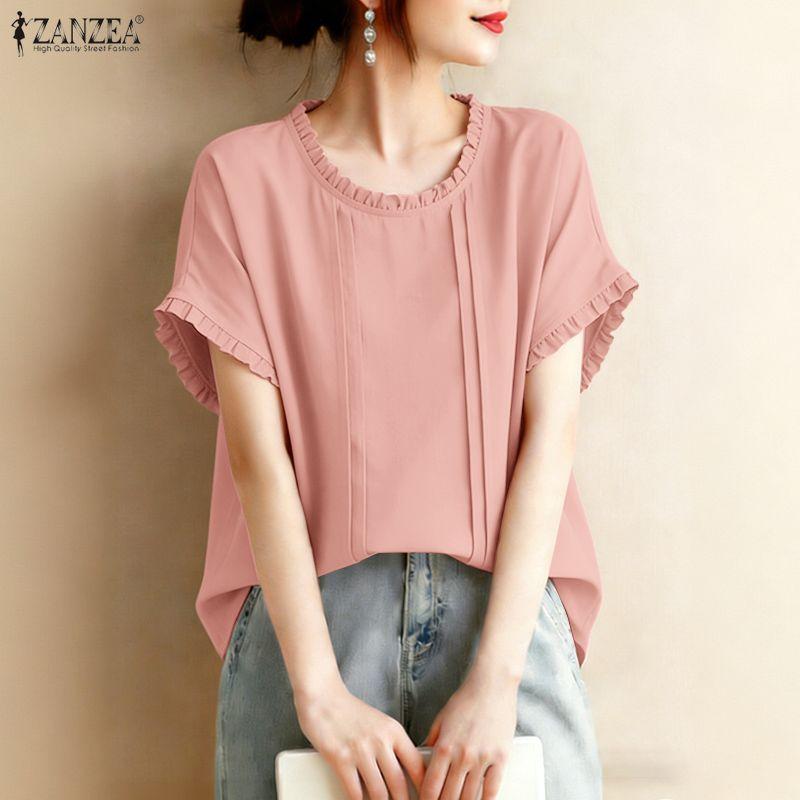 ZANZEA Women Casual Round Neck Solid Color Summer Short Sleeve Blouse