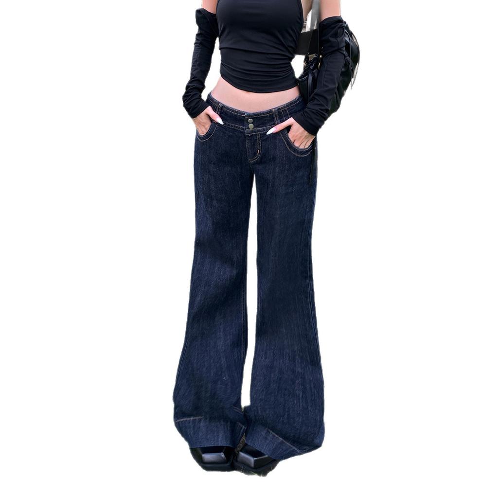 Low-rise double-button slightly pulled jeans women's year autumn and winter new Spice Girl loose wide-leg thin horseshoe flared pants