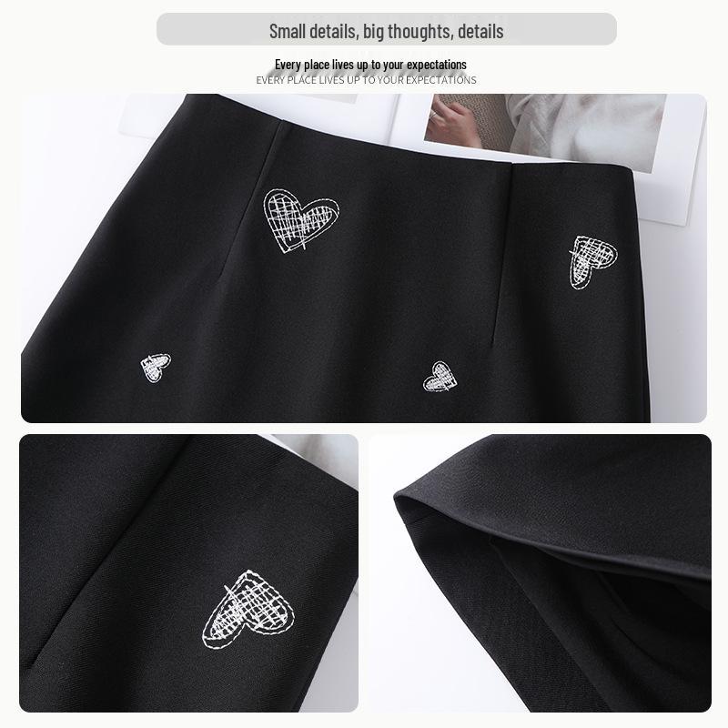 Elegant Heart Print Black Midi Skirt for Women - 2026 Spring/Autumn Trendy Age-Defying Straight Suit Style