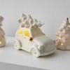 Miniature Ceramic Christmas Tree Snowman Car Sculpture With Cutout and LED Lighted for Home Office Desktop Shelf Decors