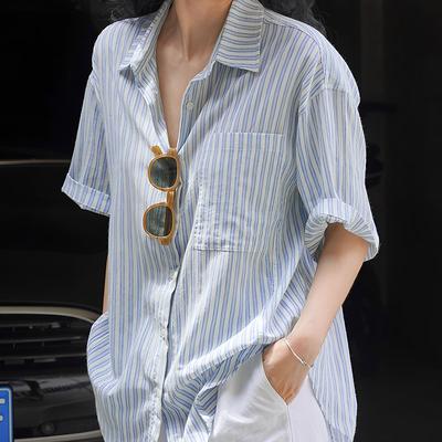 Japanese Casual Lazy Style Half-sleeved Striped Shirt Women's Summer Loose Thin Literary Short-sleeved Outer Top 5021