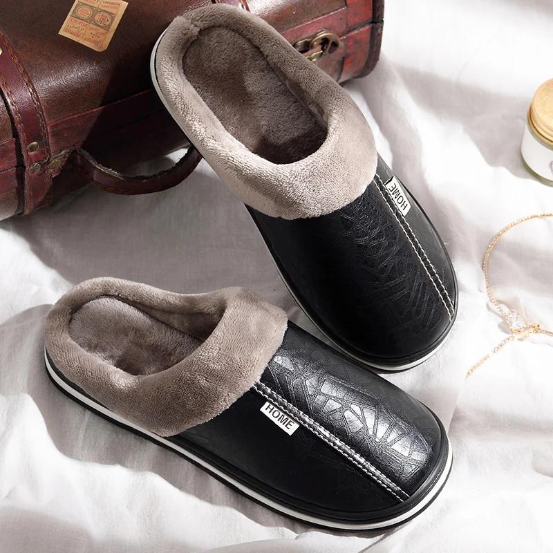 Fashion Men's Home Winter Indoor Slippers Warm Shoes Thick Bottom Plush Waterproof Leather House Man Slippers Cotton Flat Couple Shoes