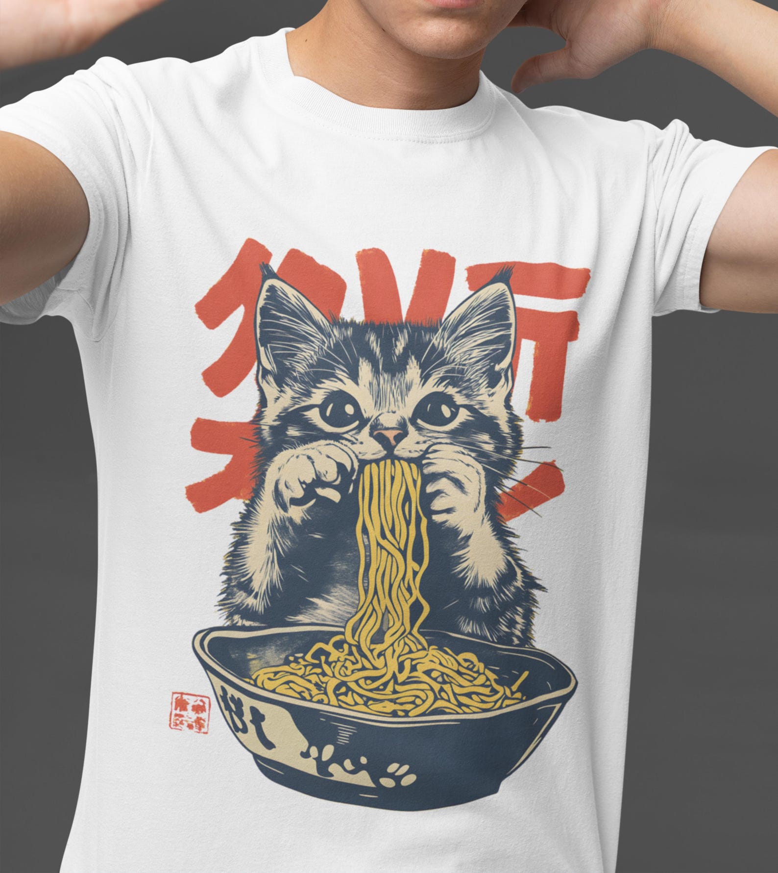 Retro Cat Ramen T-Shirt: Vintage Graphic, Funny Foodie Tee XL