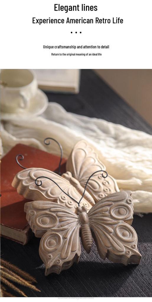 New Chinese Solid Wood Carving Festival Decoration: Wabi-sabi Retro Butterfly Desktop Ornament