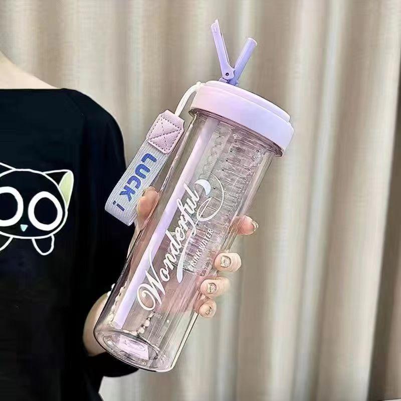 Water bottle straw cup student flower teacup water cup girls easy cup portable straw plastic cup large capacity summer cup